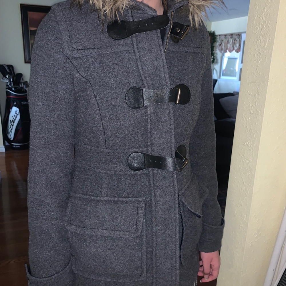 American Eagle Charcoal Gray Peacoat with Fur Trim